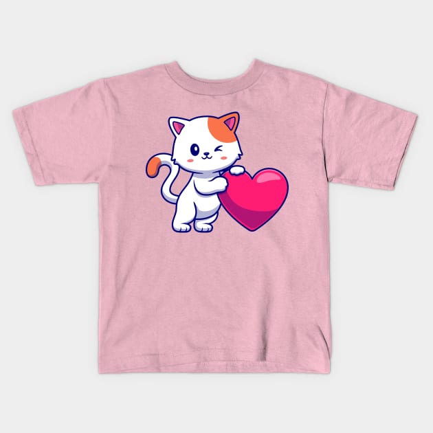 Cute Cat With Love Heart Cartoon Kids T-Shirt by Catalyst Labs